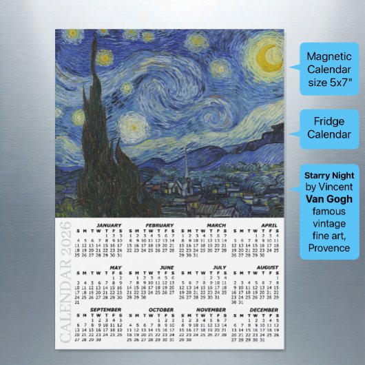 Carte Magnétique 2026 Fridge Calendar, Starry Night / Van Gogh