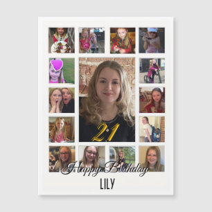 Carte Magnétique 21e Anniversaire crème bleu fleur amande