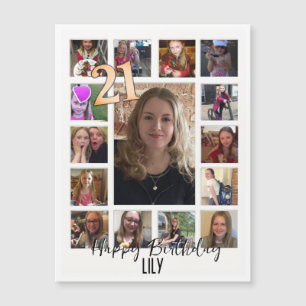 Carte Magnétique 21e Anniversaire crème bleu fleur amande