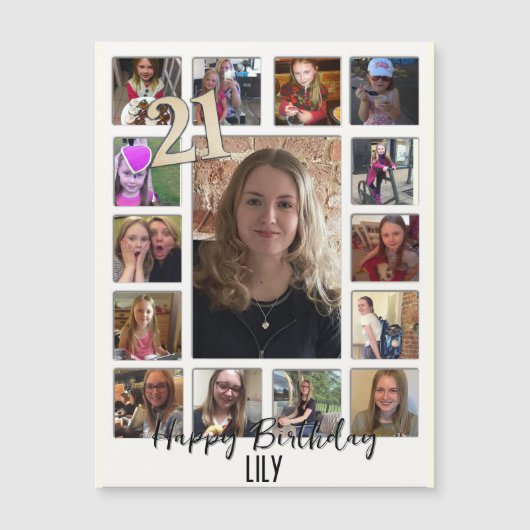 Carte Magnétique 21e Anniversaire crème bleu fleur amande (Devant)