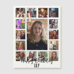 Carte Magnétique 21e Anniversaire crème bleu fleur amande