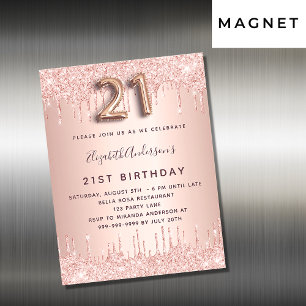 Carte Magnétique 21e anniversaire rose or parties scintillant d'inv