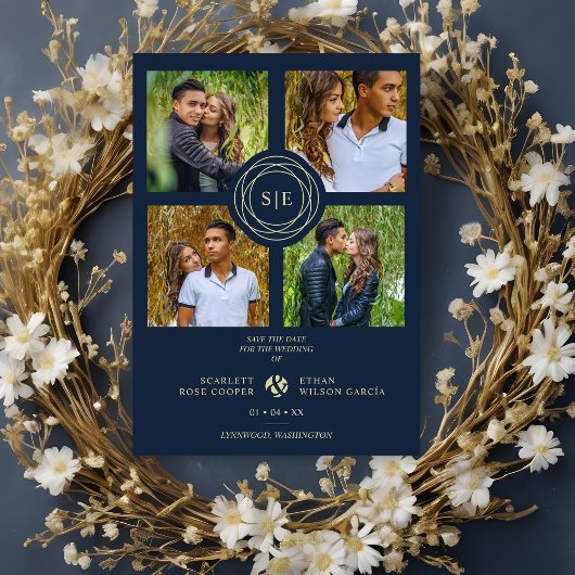 Carte Magnétique 4 Multi Photos Navy Blue & Gold Minimal Initials