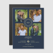 Carte Magnétique 4 Multi Photos Navy Blue & Gold Minimal Initials (Devant / Derrière)
