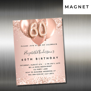 Carte Magnétique 60e anniversaire rose or ballons d'invitation aima