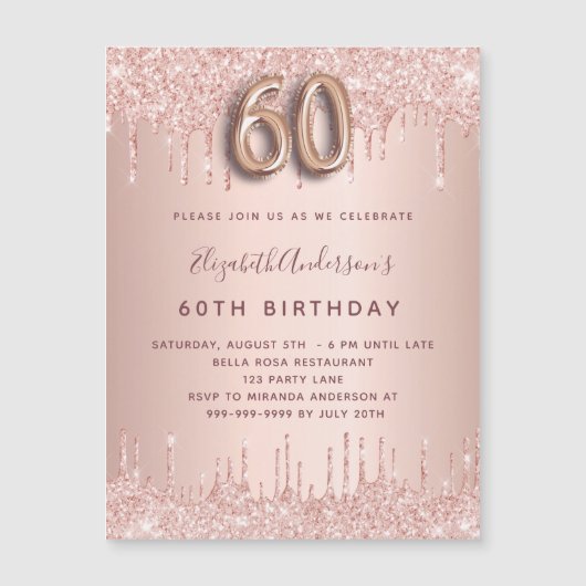 Carte Magnétique 60e irthday rose or parties scintillant d'invitati (Devant)