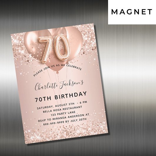 Carte Magnétique 70e anniversaire rose or ballons d'invitation aima