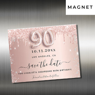 Carte Magnétique 90e anniversaire rose argent enregistrer la date a