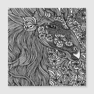 Carte Magnétique Abstract Horse face Flowers Original ink Art