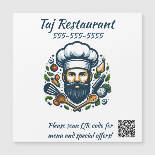 Carte Magnétique Aimant de code QR de restaurant de chef modifiable (Devant)