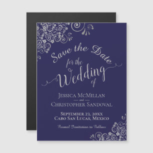 Carte Magnétique Aimant de sauvegarde de mariage bleu marine et arg