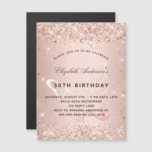 Carte Magnétique Aimant d'invitation papillon en or rose pour anniv (Devant / Derrière)