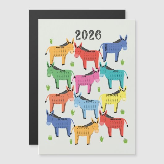 Carte Magnétique Âne coloré du calendrier 2026 (Devant / Derrière)