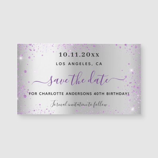 Carte Magnétique Anniversaire argent violet enregistrer la date aim (Devant)