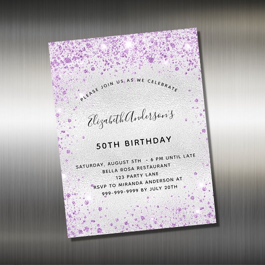 Carte Magnétique Anniversaire argent violet parties scintillant inv