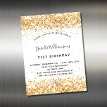 Carte Magnétique Anniversaire blanc or parties scintillant invitati<br><div class="desc">Pour un 21ème anniversaire élégant (ou tout âge). Une arrière - plan blanche design. Décoré avec des étincelles de parties scintillant en faux or. Personnalisez et ajoutez un nom,  un âge et des détails de la fête. Le nom est écrit avec un script de style manuscrit</div>