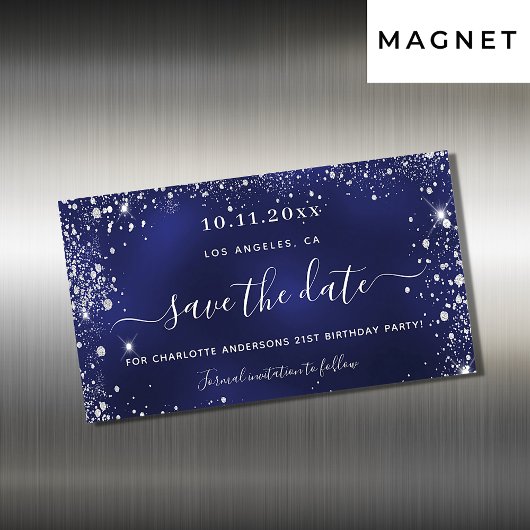 Carte Magnétique Anniversaire bleu marine argent enregistrer la dat
