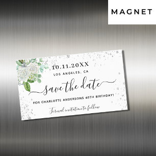 Carte Magnétique Anniversaire fête floral blanc enregistrer la date