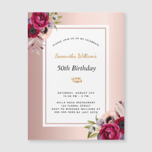 Carte Magnétique Anniversaire rose or bourgogne aimant floral