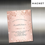 Carte Magnétique Anniversaire rose or rousse parties scintillant in<br><div class="desc">Un arrière - plan rose or et rose vif dégradé. Décoré d'or rose,  de gouttes de parties scintillant rose,  de la peinture goutte à goutte et des ballons. Personnalisez et ajoutez un nom et des détails du parti. Le nom est écrit avec un script de style manuscrit</div>
