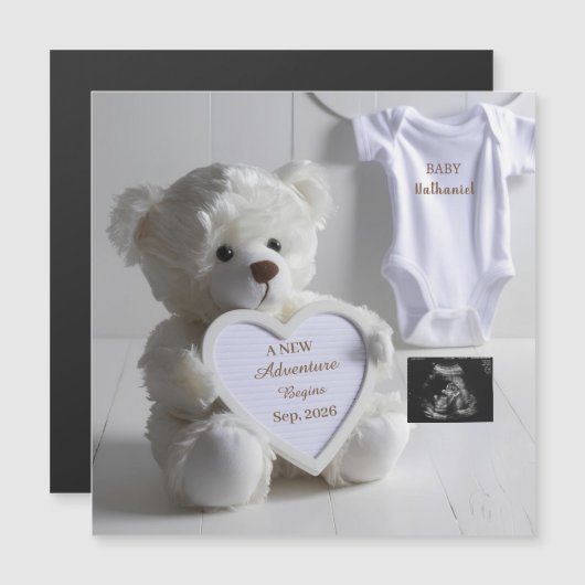 Carte Magnétique Annonce de grossesse ours blanc minimal (Devant / Derrière)
