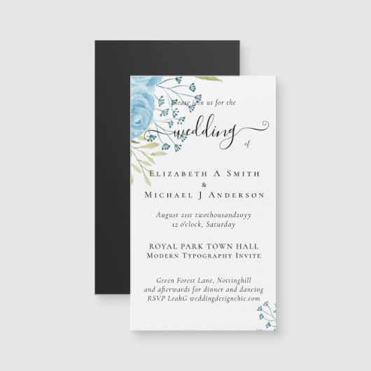 Carte Magnétique Aqua Blue Floral Mariage (Devant / Derrière)