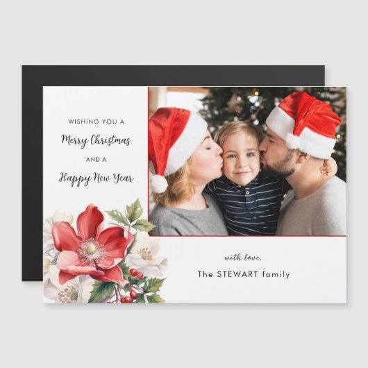 Carte Magnétique Aquarelle classique Photo florale de Noël (Devant / Derrière)