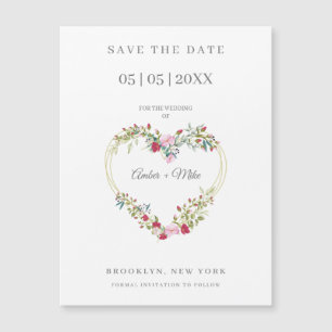 Carte Magnétique Aquarelle florale Coeur avec Feuilles en rose et r