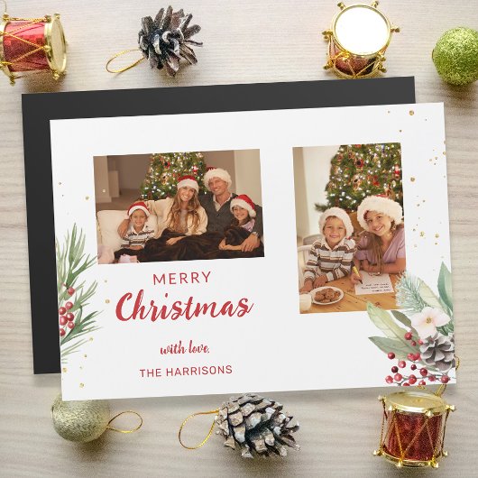 Carte Magnétique Aquarelle moderne Noël Botanique à deux photos