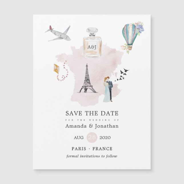Carte Magnétique Aquarelle Paris Destination Mariage Monogramme (Devant)