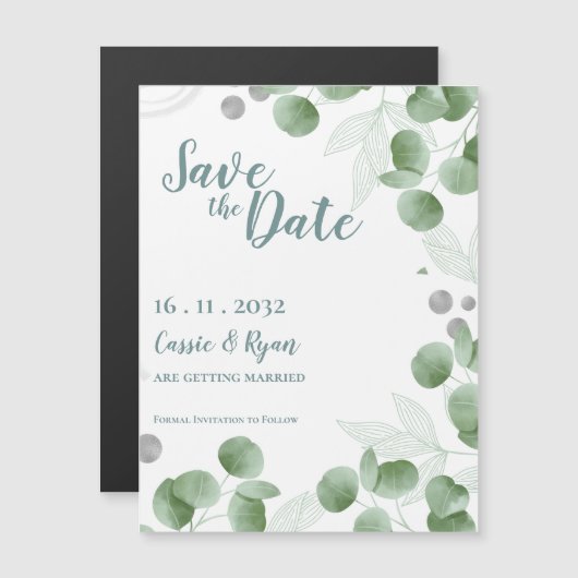 Carte Magnétique Aquarelle Vert Eucalyptus Mariage Enregistrer la d (Devant / Derrière)
