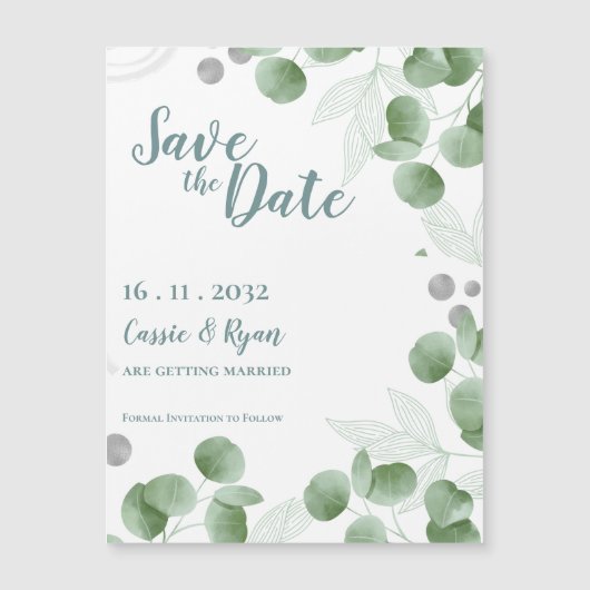 Carte Magnétique Aquarelle Vert Eucalyptus Mariage Enregistrer la d (Devant)