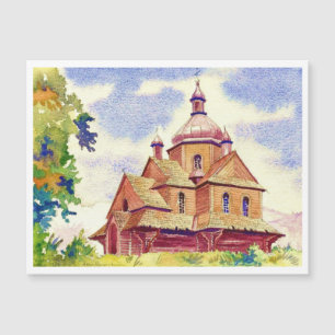 Carte Magnétique Aquarelle Vintage de l'église ukrainienne en bois