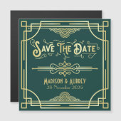 Carte Magnétique Art Déco Mariage Elegant Gold Green Enregistrer la (Devant / Derrière)