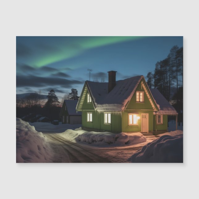 Carte Magnétique Aurora borealis au-dessus du cabine d'hiver (Devant)