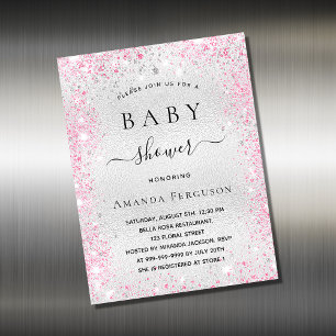 Carte Magnétique Baby shower argent parties scintillant rose invita