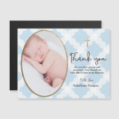 Carte Magnétique Baptême merci bébé photo bleu or blanc (Devant / Derrière)