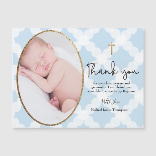 Carte Magnétique Baptême merci bébé photo bleu or blanc (Devant)