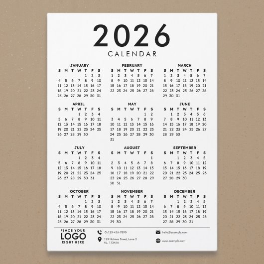 Carte Magnétique Basic Modern 2026 Corporate Logo Calendar