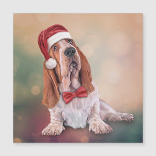Carte Magnétique Basset Hound en rouge a le Père Noël