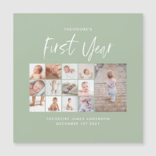 Carte Magnétique Bébés first year photo collage script green