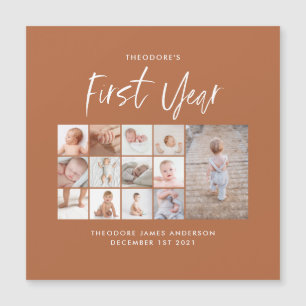 Carte Magnétique Bébés first year photo collage script terracotta