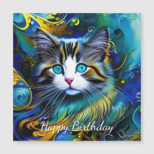 Carte Magnétique Belle Chat Mystique en Blues et Golds Anniversaire
