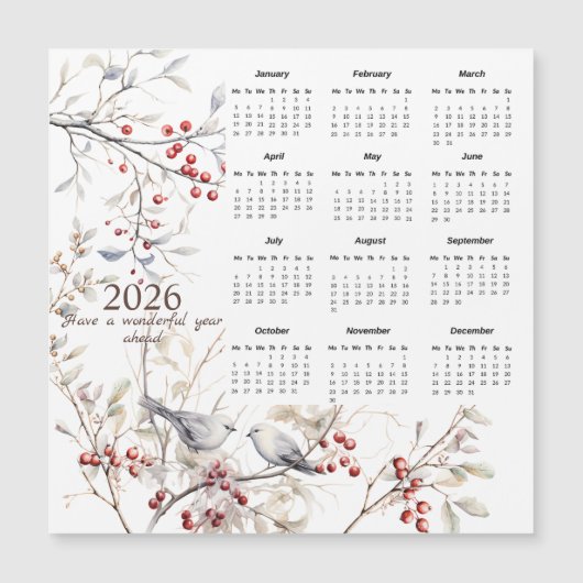 Carte Magnétique Berries d'hiver Oiseaux Noël 2026 Calendrier (Devant)