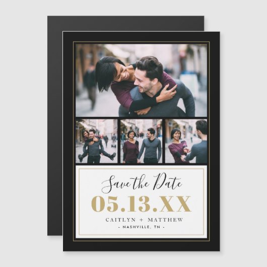 Carte Magnétique Black and Gold 4 Photo Enregistrer la date (Devant / Derrière)