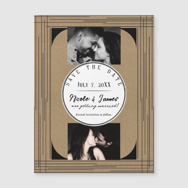 Carte Magnétique Black Kraft Minimal Modern Lines Mariage Date de s (Devant)
