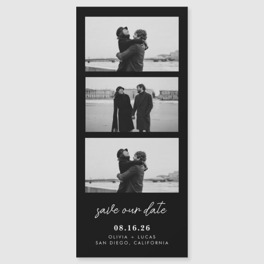 Carte Magnétique Black Photo Strip Magnetic Wedding Save The Date (Devant)