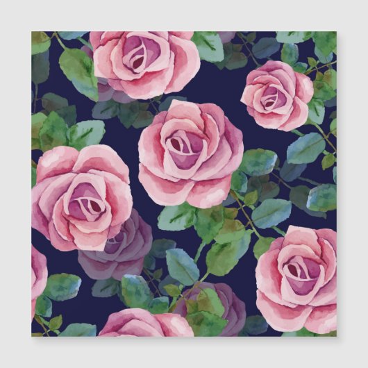 Carte Magnétique Bleu foncé, Roses Roses Rose Aquarelle. (Devant)