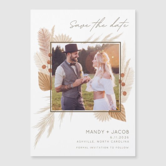 Carte Magnétique Boho Pampas Grass Photo Mariage Enregistrer La Dat (Devant)