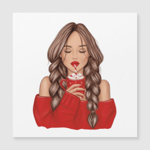 Carte Magnétique Boire du Chocolat Chaud en Hiver dans un Pull Roug